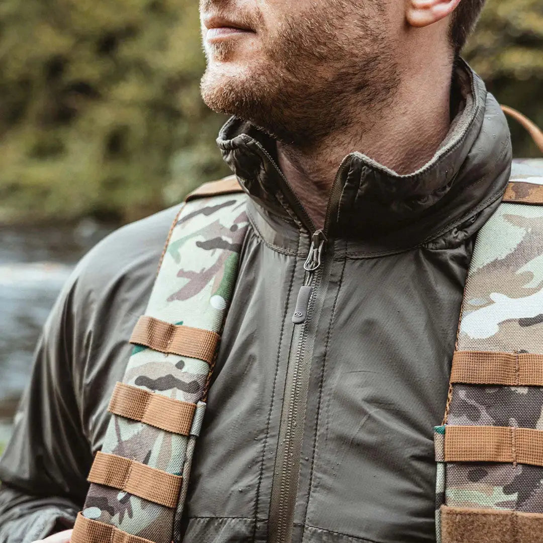 Camouflage backpack straps on Highlander Halo Full Zip Jacket with waterproof zips