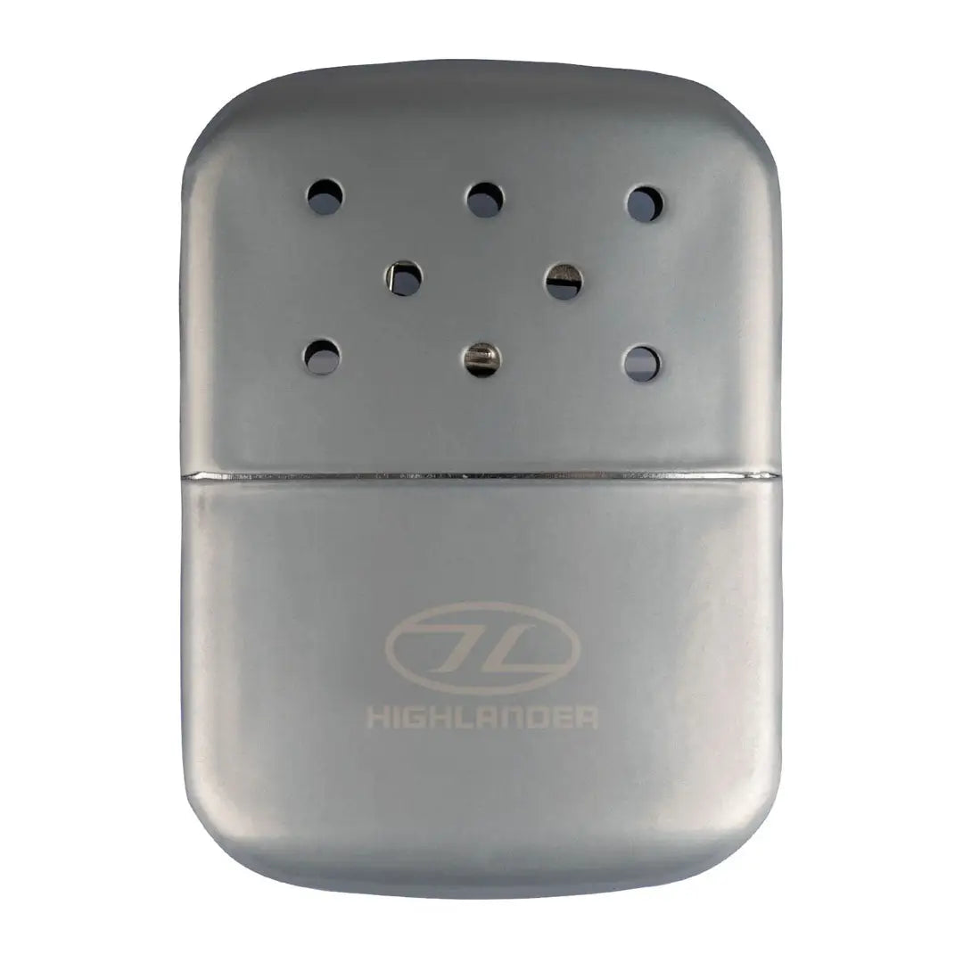 Silver metal hand warmer from Highlander Pocket Furnace for cozy hands on the go