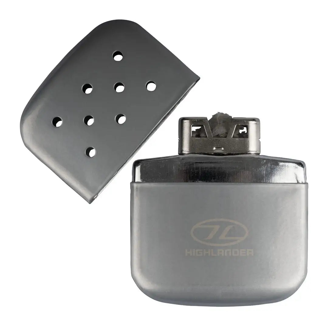 Metal hand warmer with vented lid from Highlander Pocket Furnace for cozy warmth