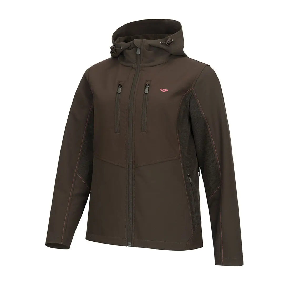 Men’s hooded softshell jacket in dark olive green with zip pockets and contrast stitching