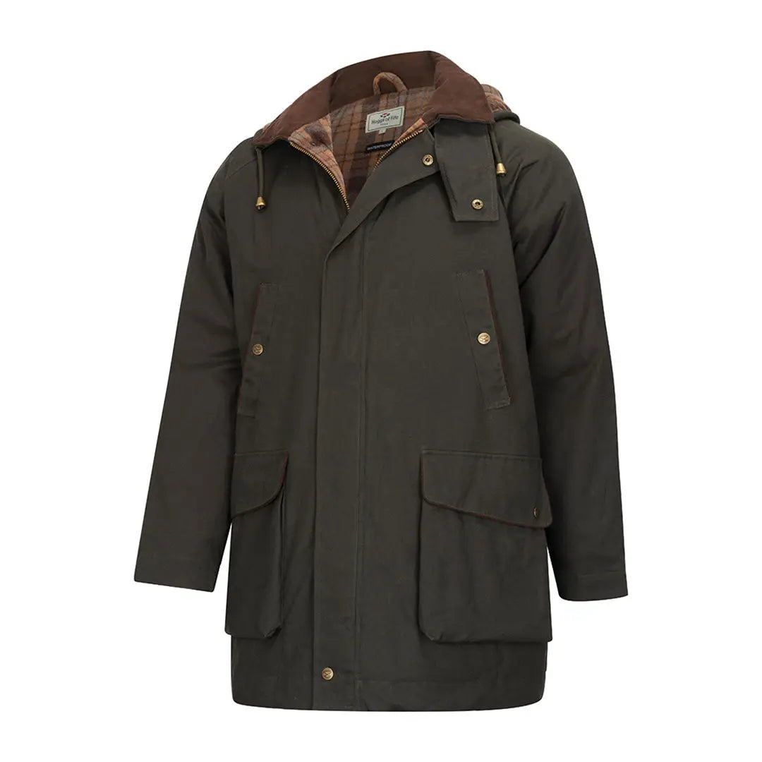 Dark green Fife Kelso waterproof wax jacket with brown corduroy collar and plaid lining