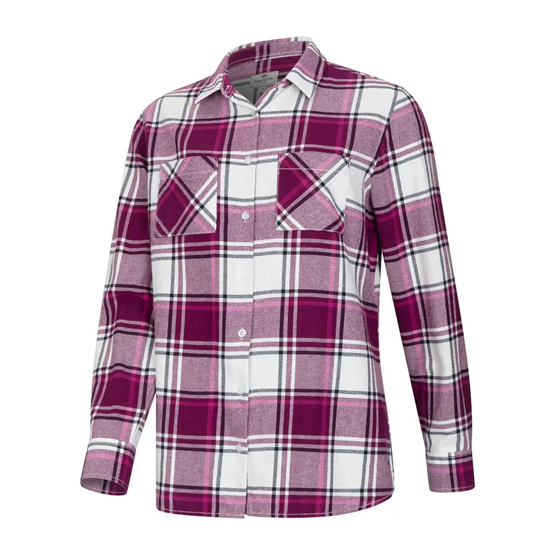 Women’s purple, white, and black plaid Caitlyn oversized flannel shirt with chest pockets