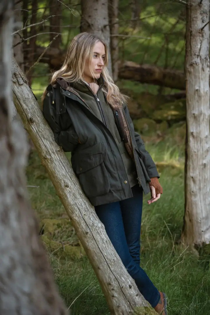 Olive green Hoggs of Fife Ladies Kelso waterproof wax jacket with fur-lined hood for outdoor fun