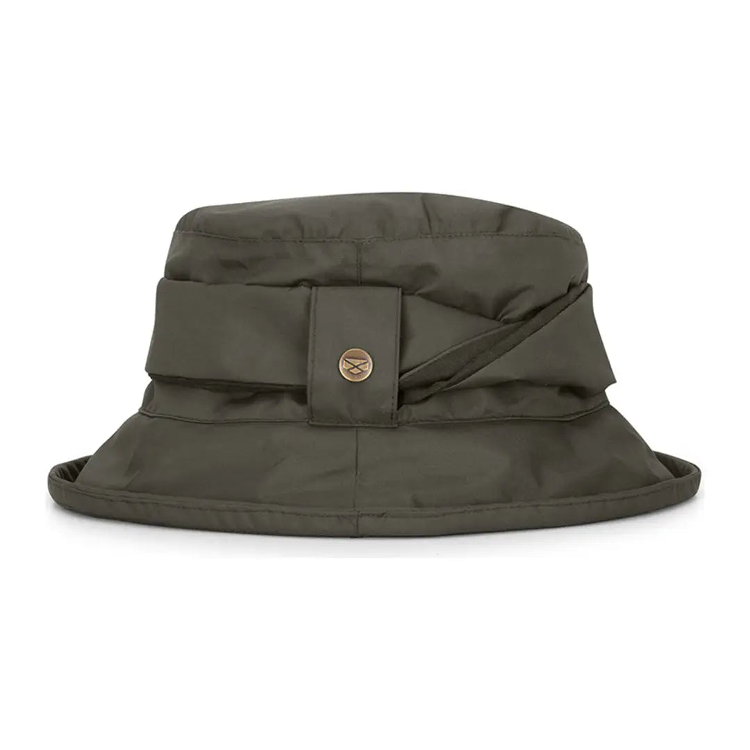Olive green quilted ladies walker waterproof bucket hat with decorative band and gold button