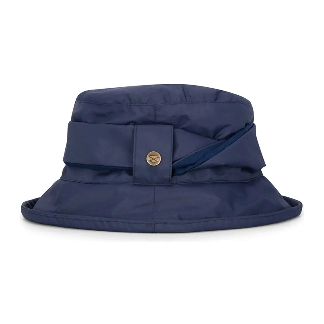 Navy blue quilted ladies walker waterproof bucket hat with decorative band and gold button