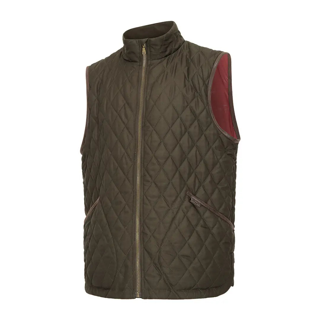 Dark olive green Hoggs of Fife Lindores Gents Quilted Gilet with full zip and reddish-brown lining