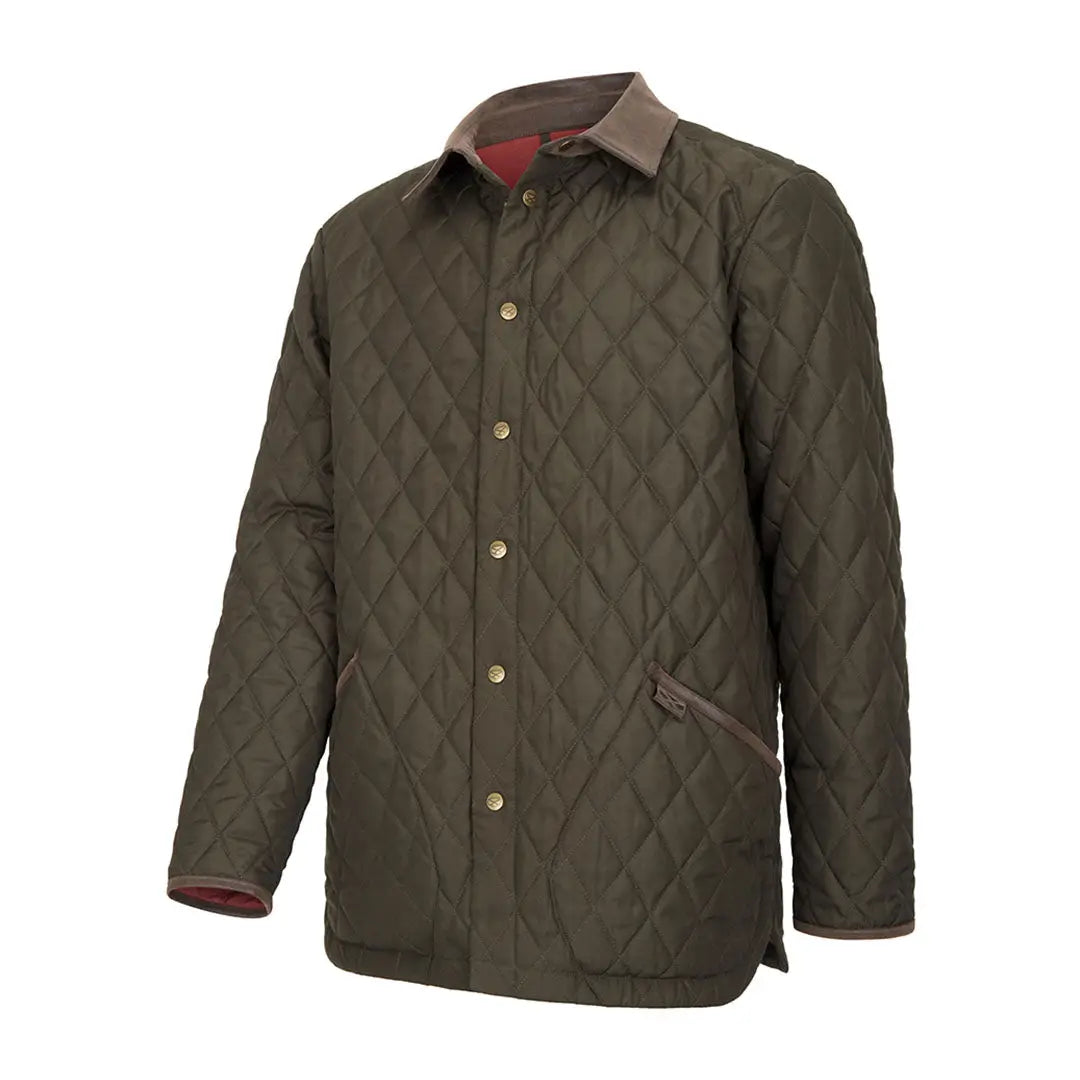 Men’s olive green Fife Lochore Gents quilted jacket with brown corduroy collar