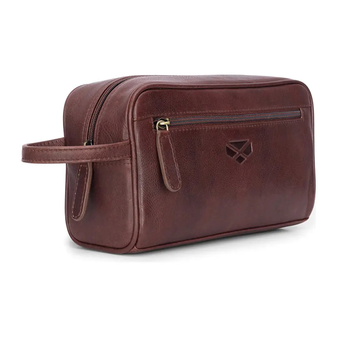 Dark brown Hoggs of Fife Monarch Leather Wash Bag with top zipper and side handle