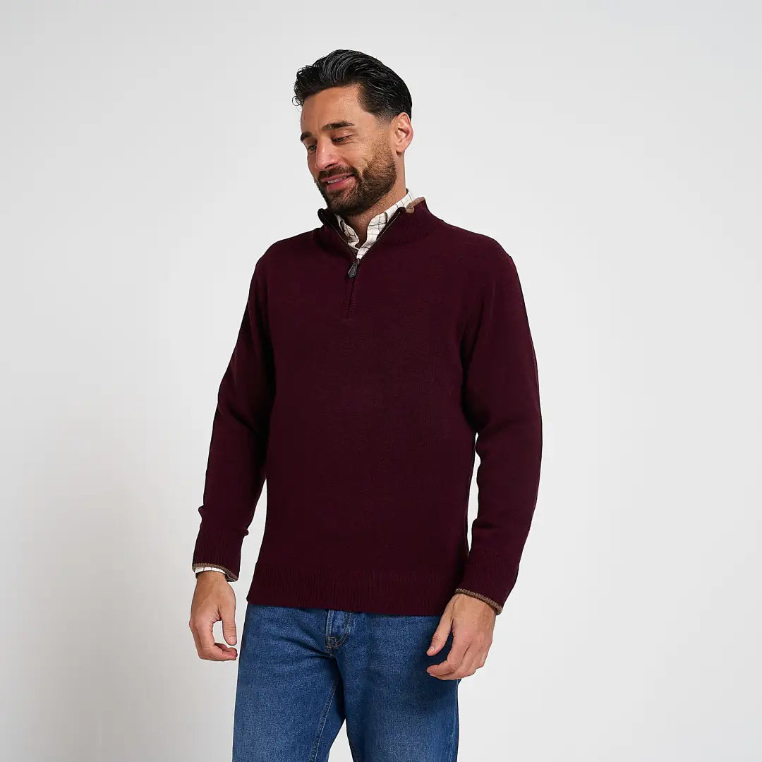 Jack Pyke Ashcombe maroon lambwool zipknit pullover with ribbed cuffs