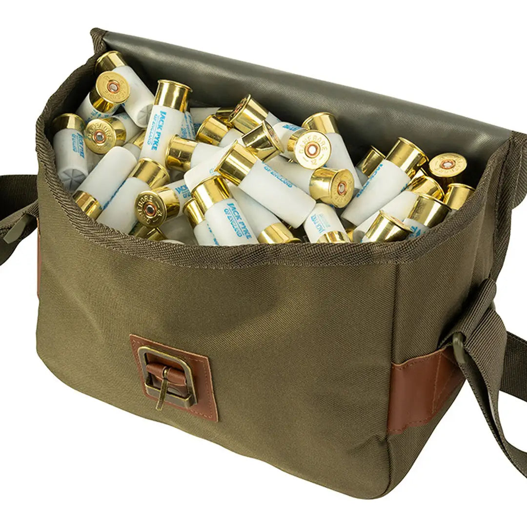 Olive green Jack Pyke Cartridge Bag stuffed with shotgun shells for your next hunt