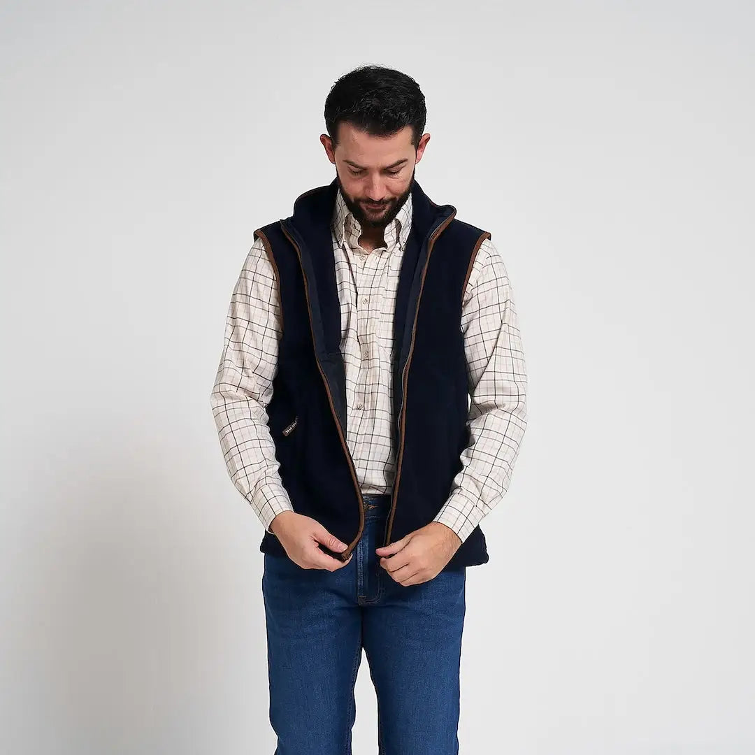 Navy blue Jack Pyke Countryman 300gsm fleece gilet with brown trim and hood