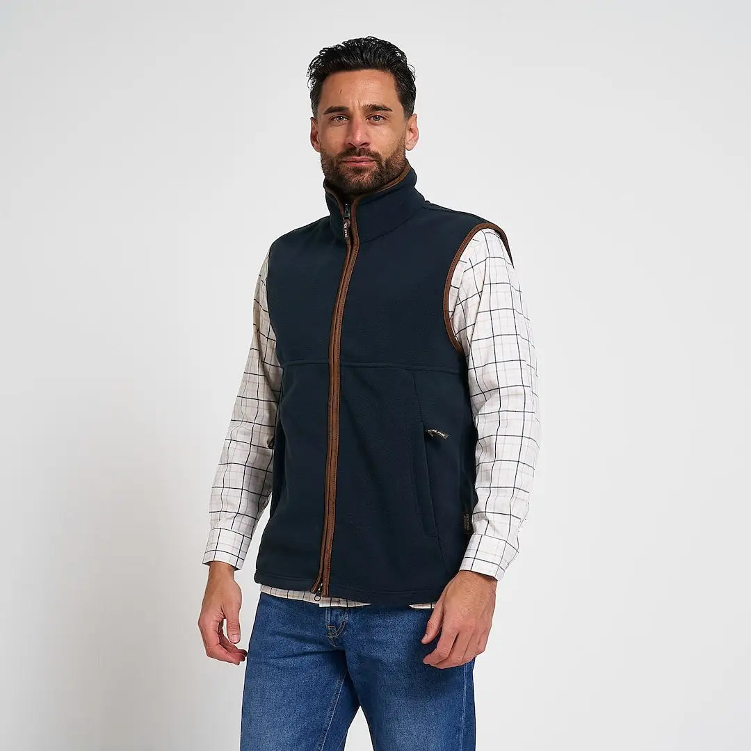 Navy blue Jack Pyke Countryman Fleece Gilet with brown zipper, 300gsm micro fleece
