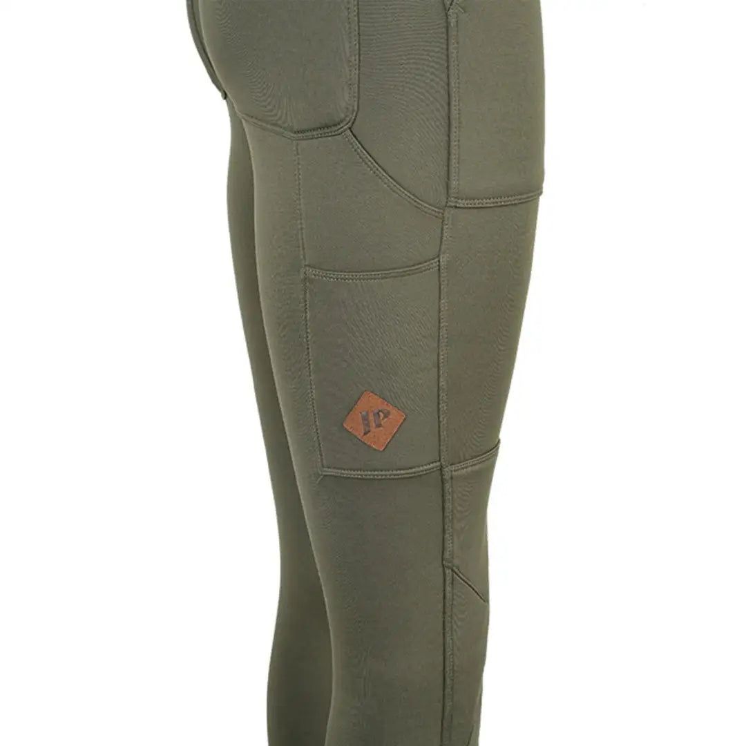 Jack Pyke ladies utility leggings in olive green stretch fabric with pockets and leather patch