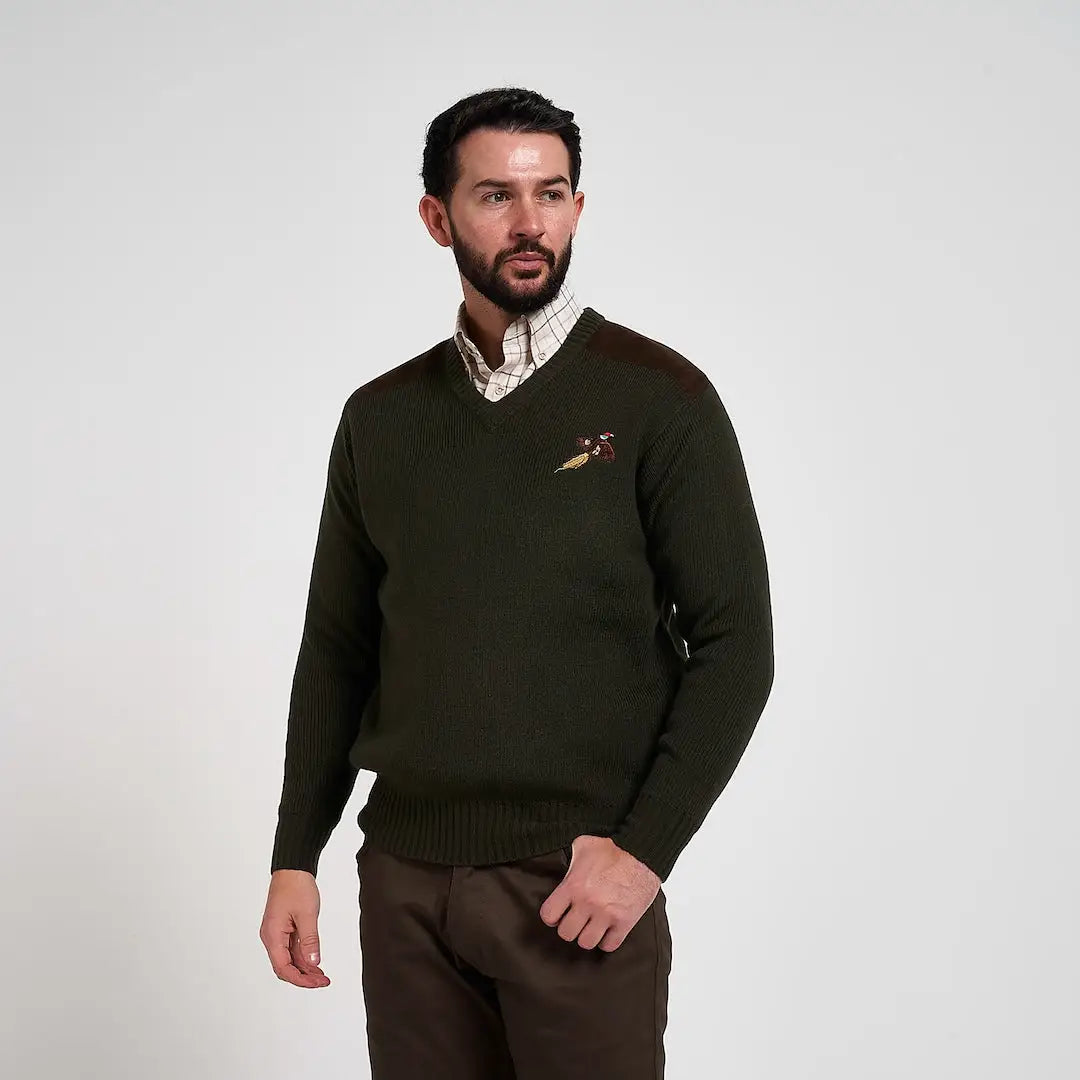 Dark olive green Jack Pyke Shooters Pullover with ribbed knit and bird motif