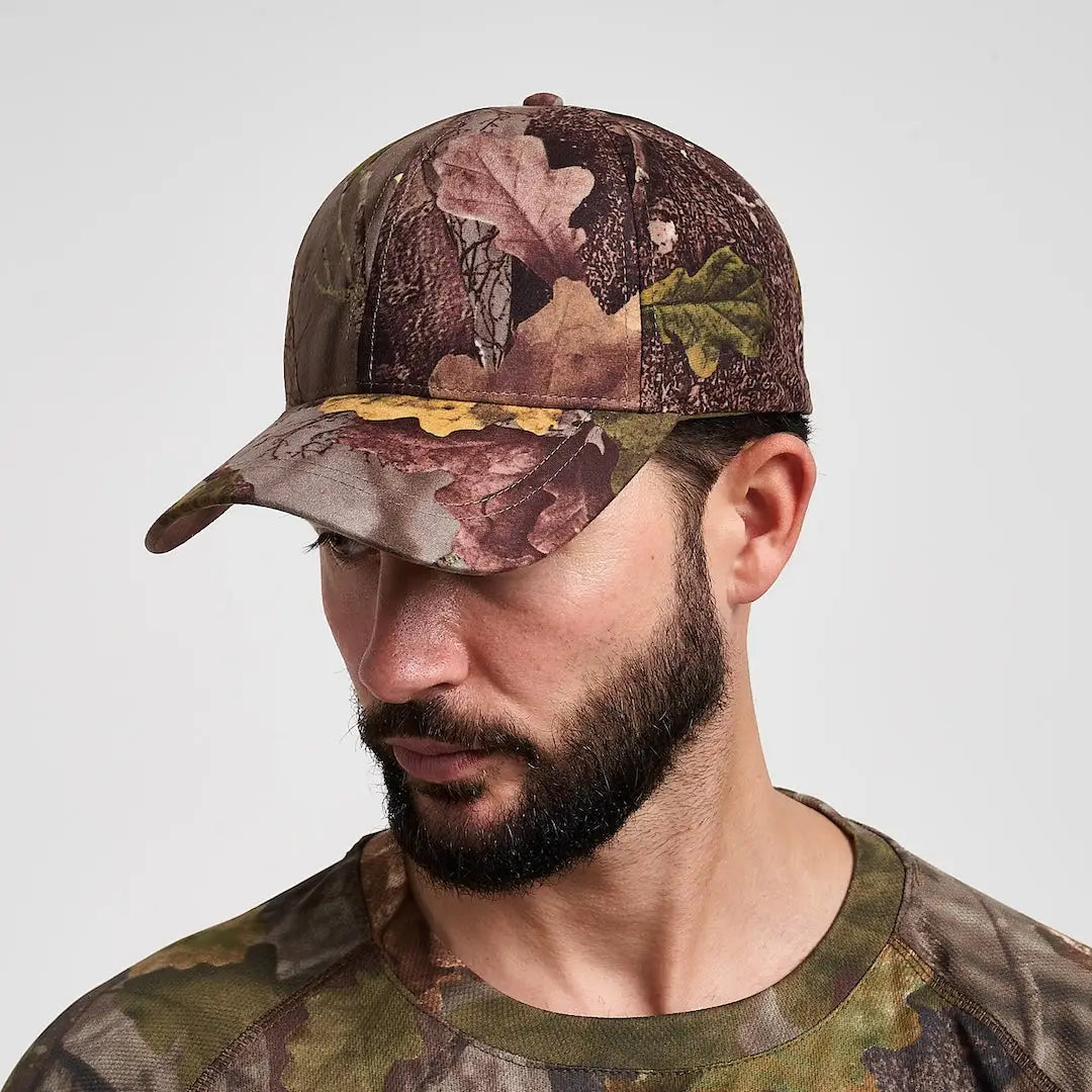 Jack Pyke Stealth baseball cap in brown green camo with leaf patterns