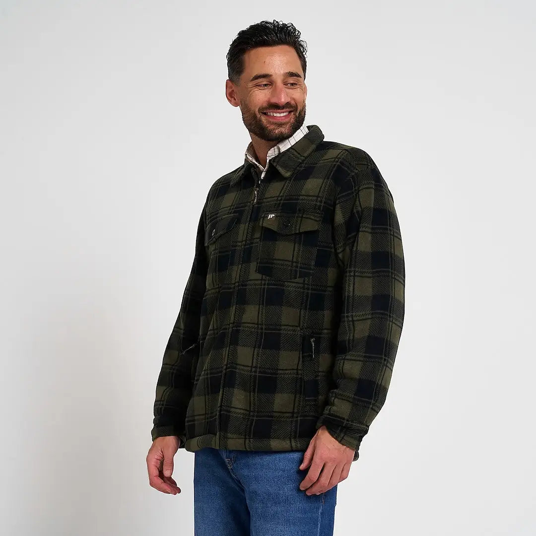 Jack Pyke Tundra Shirt: dark green black plaid fleece jacket