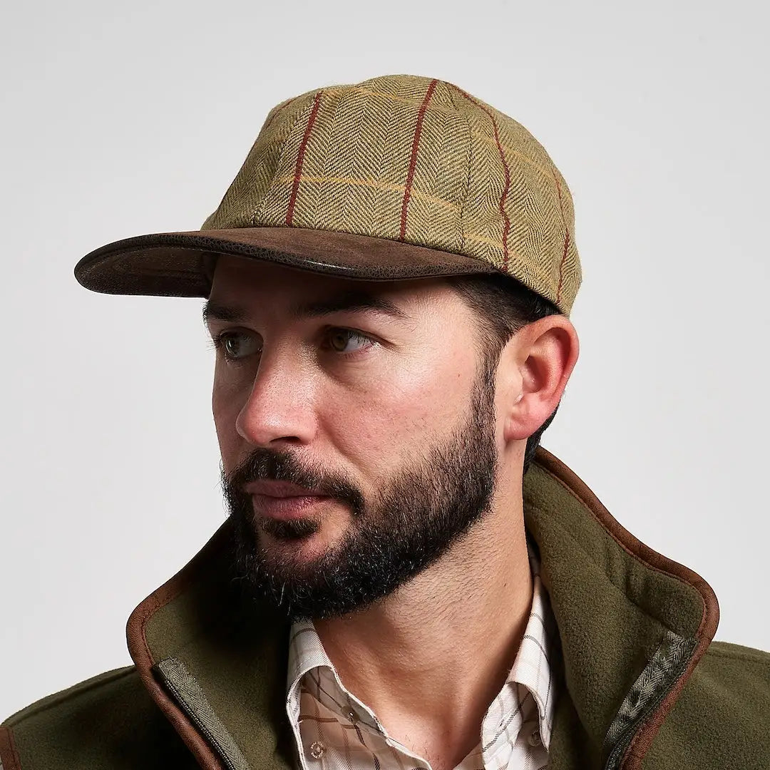 Jack Pyke tan herringbone tweed baseball cap with brown leather brim