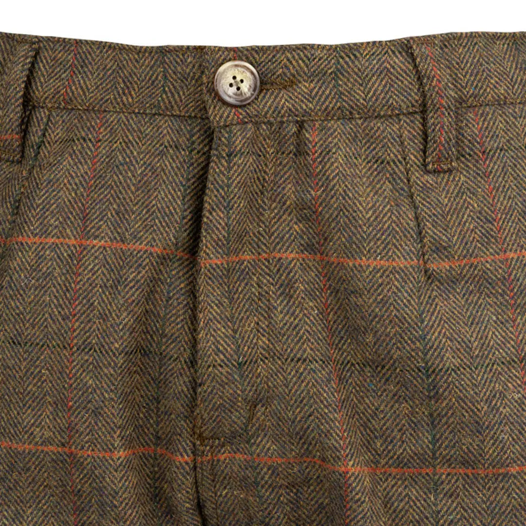 Jack Pyke Tweed Breeks: brown orange green plaid pants with pleats and button closure