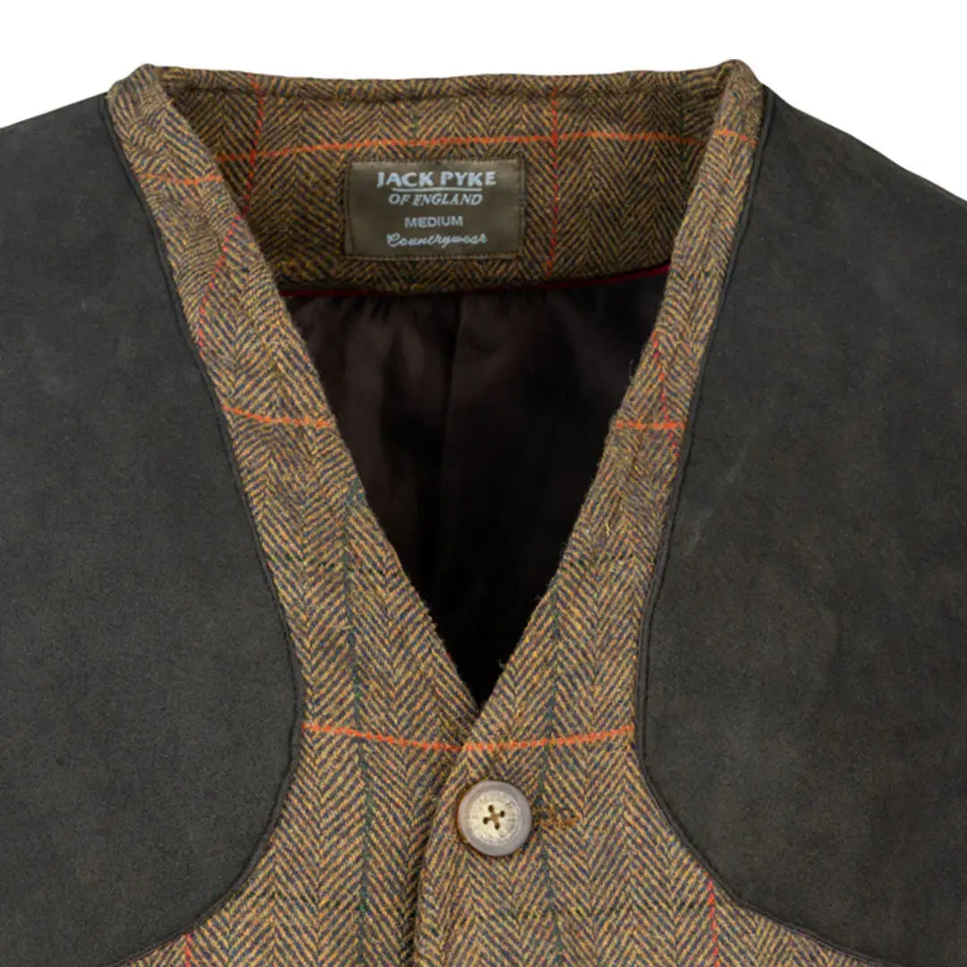Jack Pyke tweed shooting vest in black brown plaid with leather trim