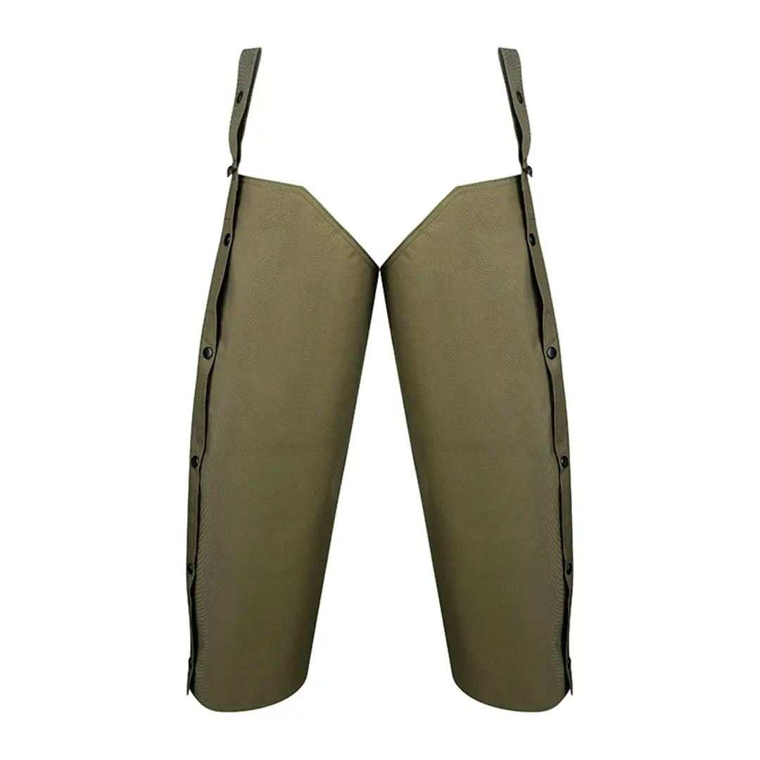 Pair of Jack Pyke Waterproof Chaps in olive green with adjustable straps for leg protection