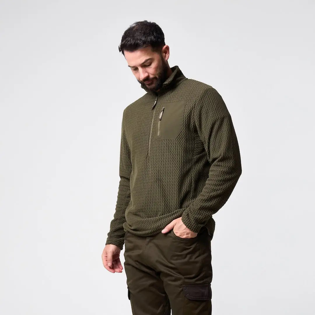 Olive green Jack Pyke Z Fleece Pullover with textured half-zip and pocket