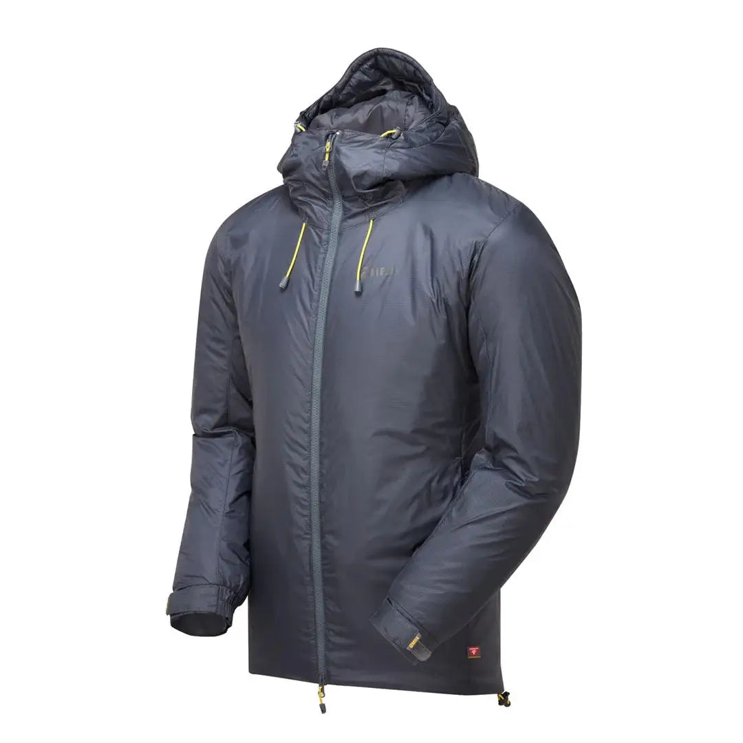 Dark grey Keela Mens Solo Primaloft Jacket with yellow zipper pulls and drawstrings