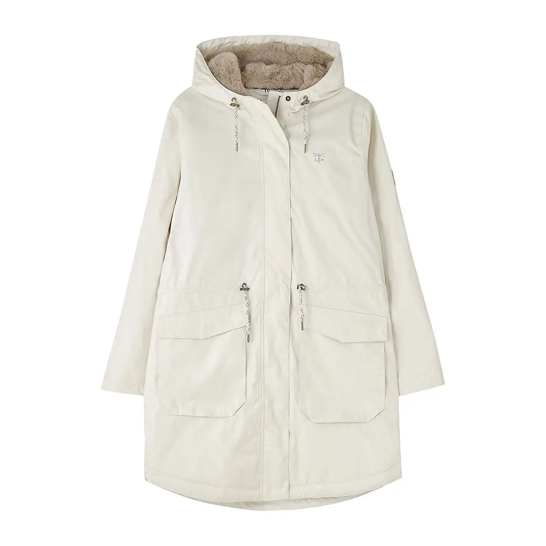 Cream-colored Lighthouse Isobel Coat with fur-lined hood and four front pockets