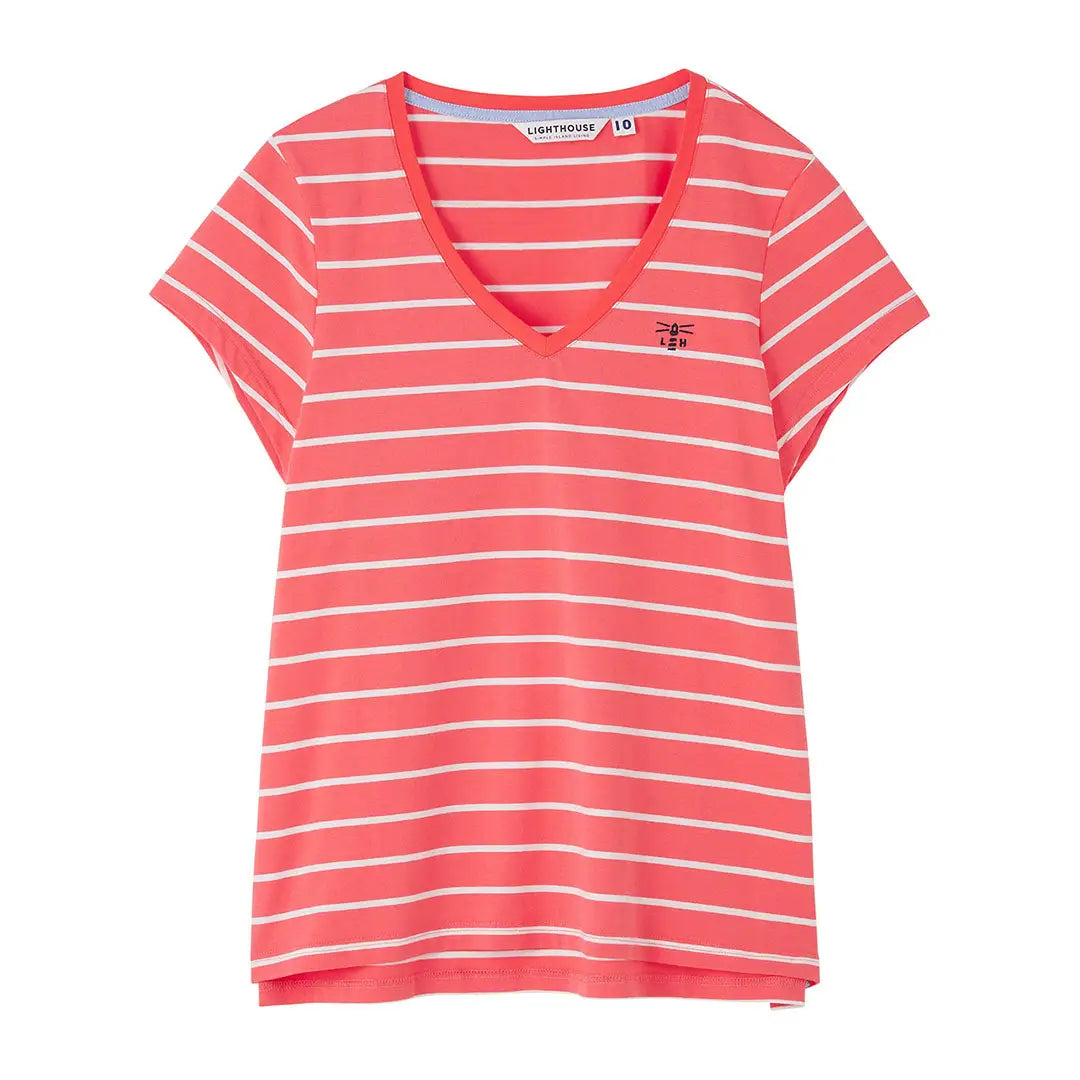 Coral and white striped Lighthouse Ladies Ariana V-neck T-shirt for women