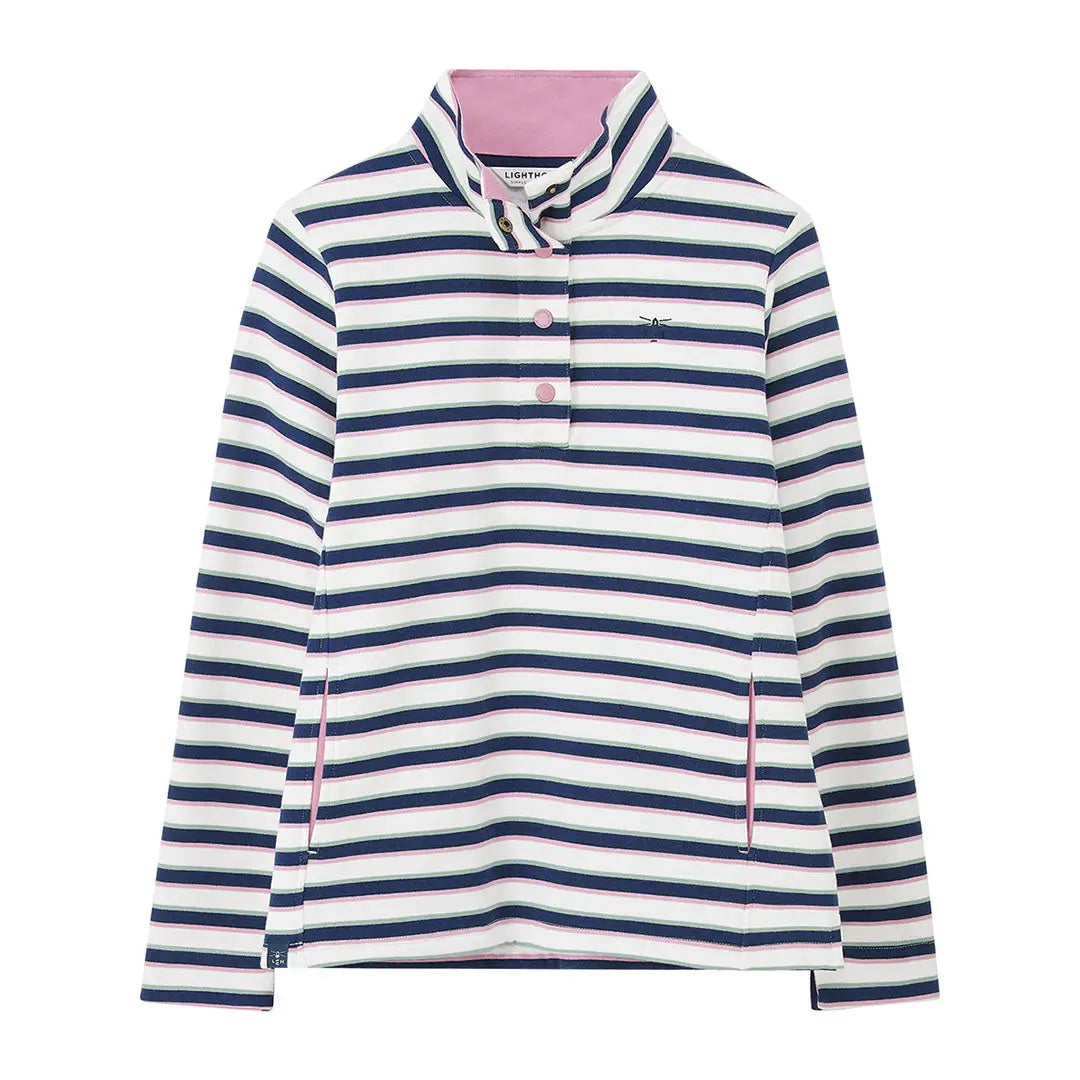 Women’s navy and white striped Lighthouse Ladies Haven II Jersey top with pink button placket