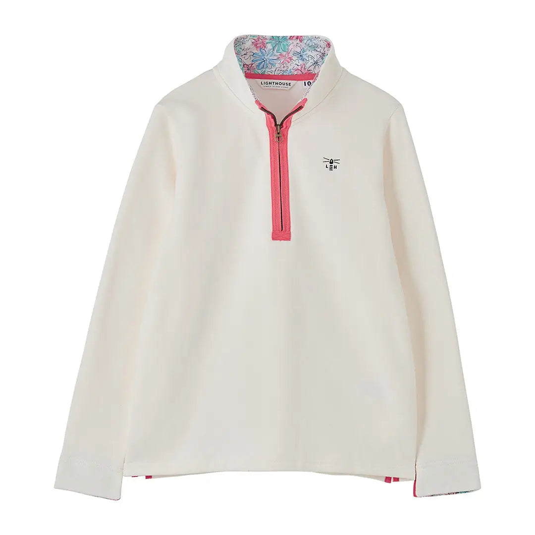 Cream-colored Lighthouse Ladies Shore II Jersey fleece pullover with pink zipper for women