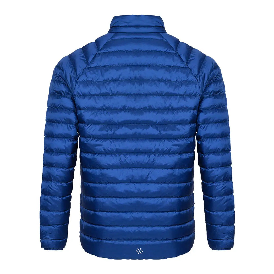Blue quilted puffer jacket with horizontal stitching for outdoor adventures and country clothing