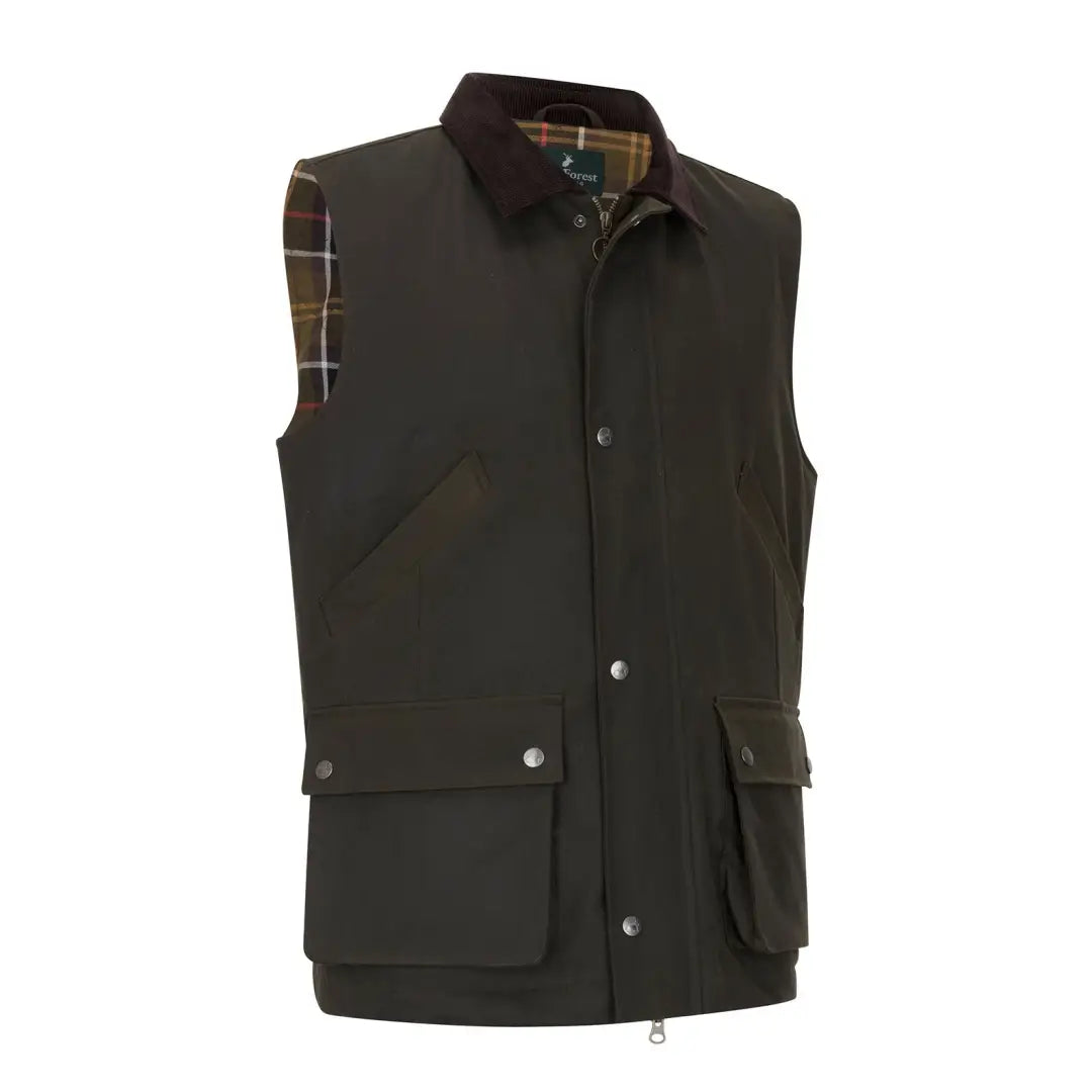 Olive green forest bushman wax gilet with brown corduroy collar for outdoor style