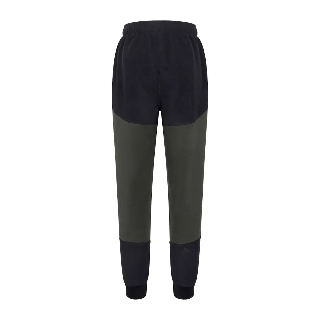 Black and olive green forest fleece joggers with elastic waist and ribbed cuffs