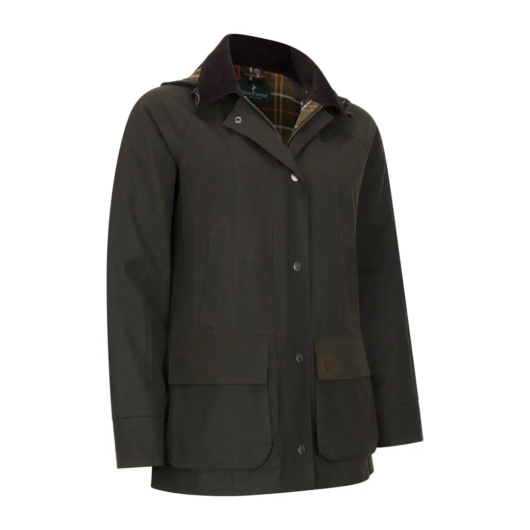 Olive green Forest Freya Ladies Wax Jacket with brown corduroy collar