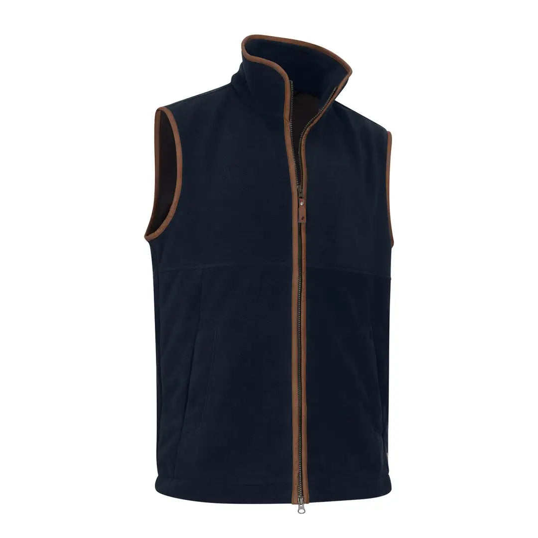 Navy blue Forest Knightwood fleece gilet with brown trim, perfect for layering