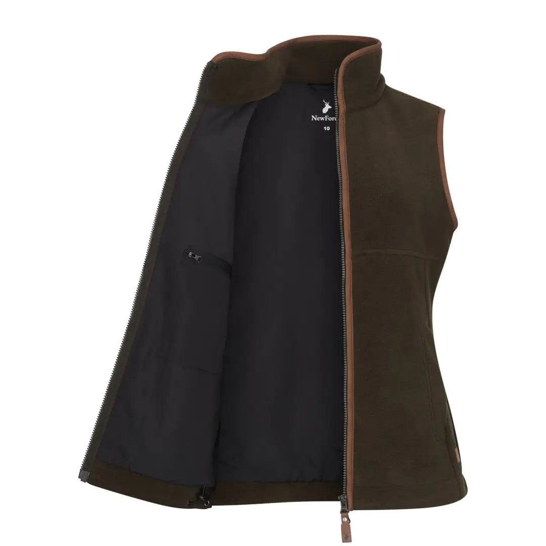 Open brown fleece vest in New Forest Ladies Knightwood Gilet for outdoor country clothing and hunting
