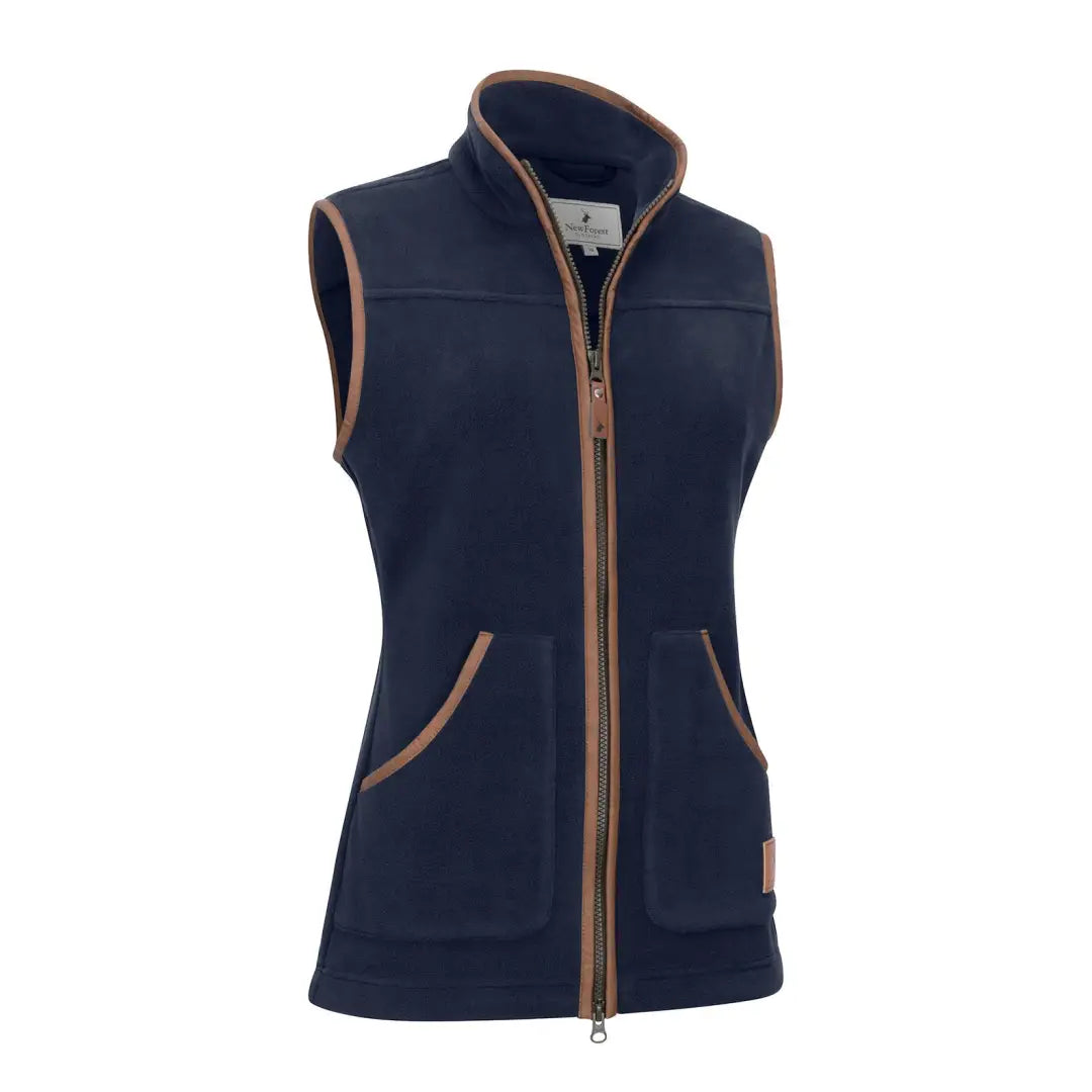 Navy blue New Forest ladies shooters fleece gilet with brown leather trim