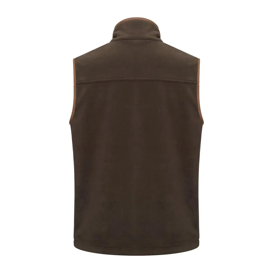 Brown fleece gilet with tan leather trim for hunting outdoors