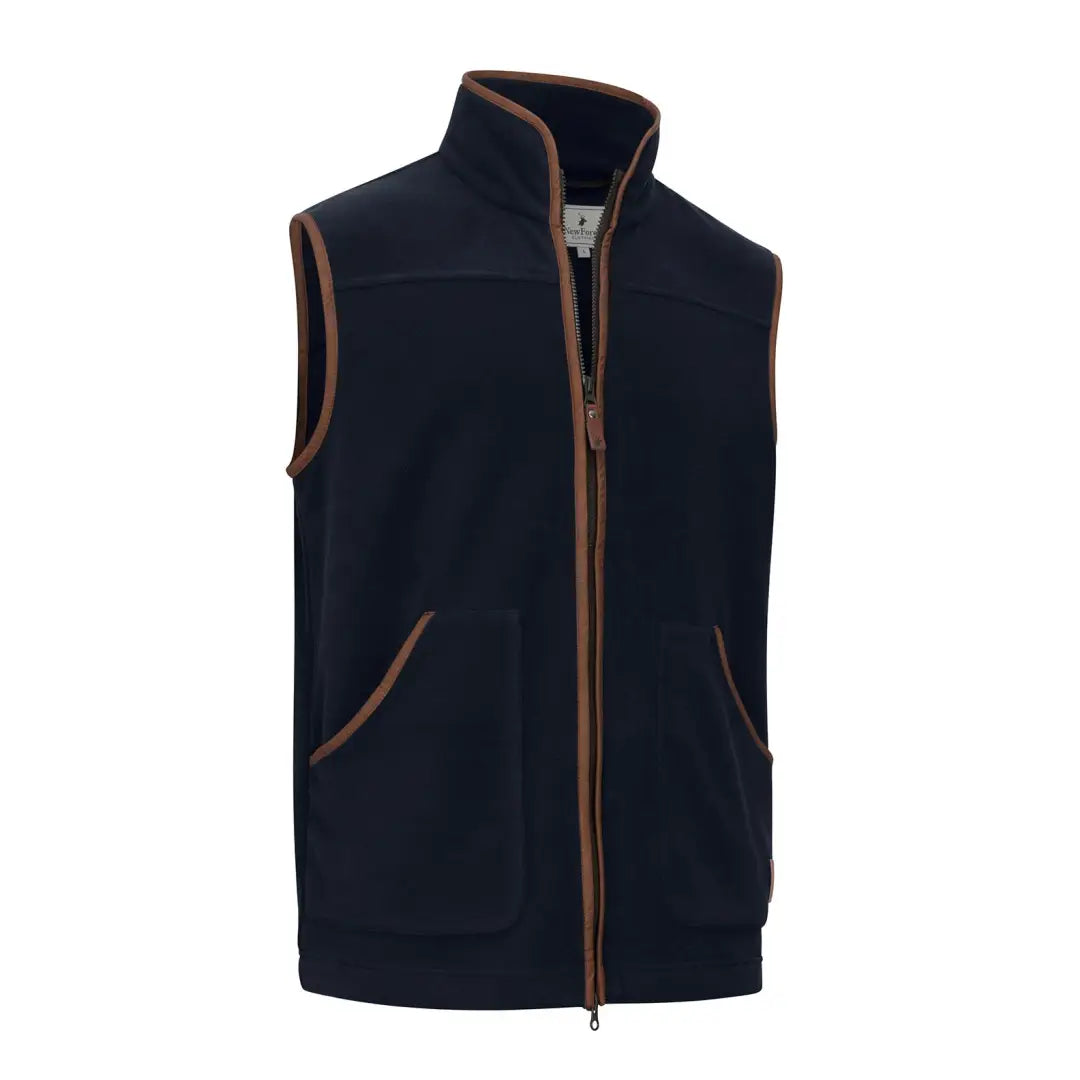 Navy blue New Forest Shooters fleece gilet with brown leather trim and pockets