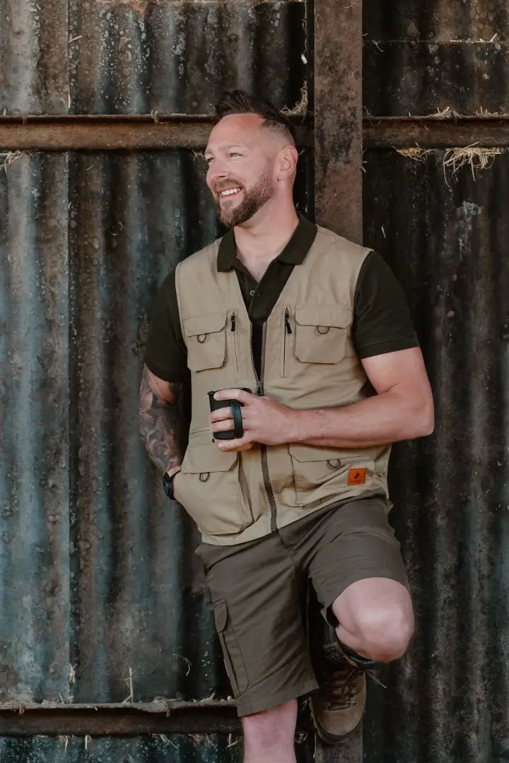 Man in khaki forest trail shorts showing off New Forest Trail Shorts stylish look