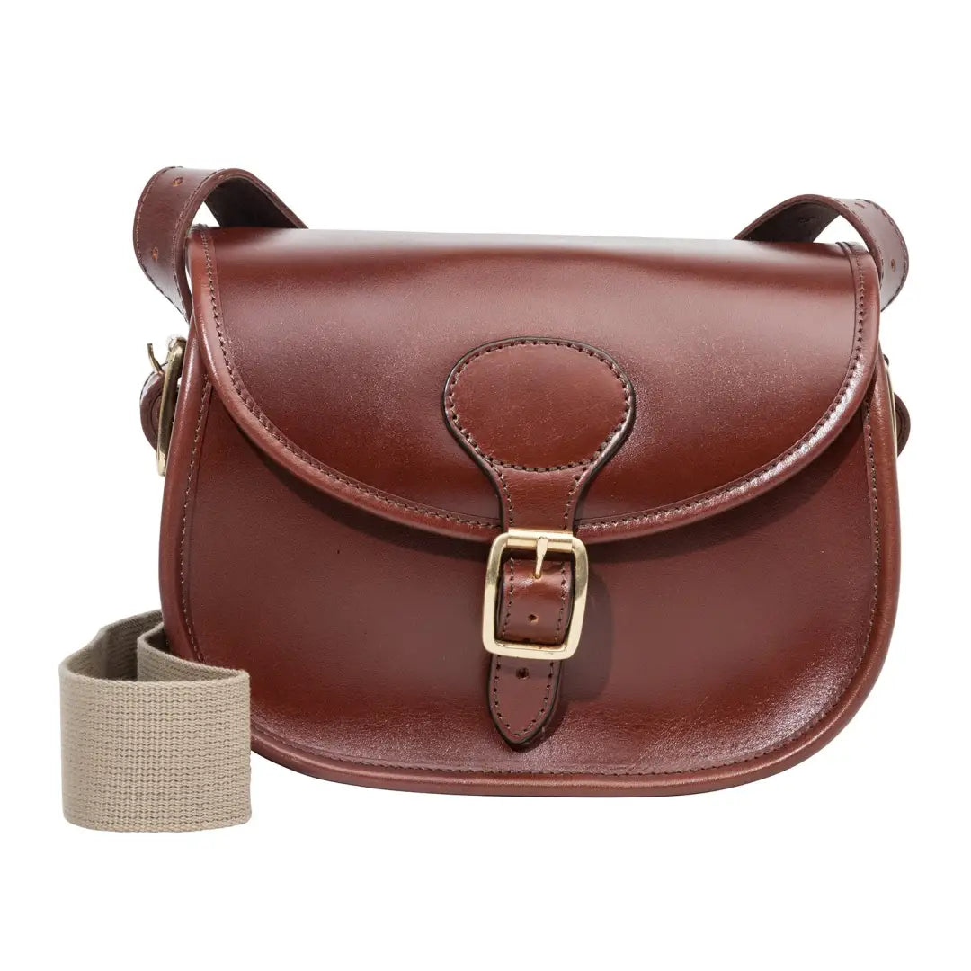 Brown leather cartridge bag with buckle closure and adjustable strap from Parker-Hale