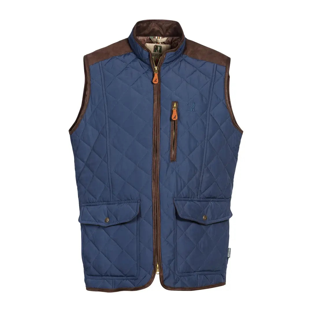 Blue quilted Stallion Gilet with brown trim, perfect for country clothing and hunting trips