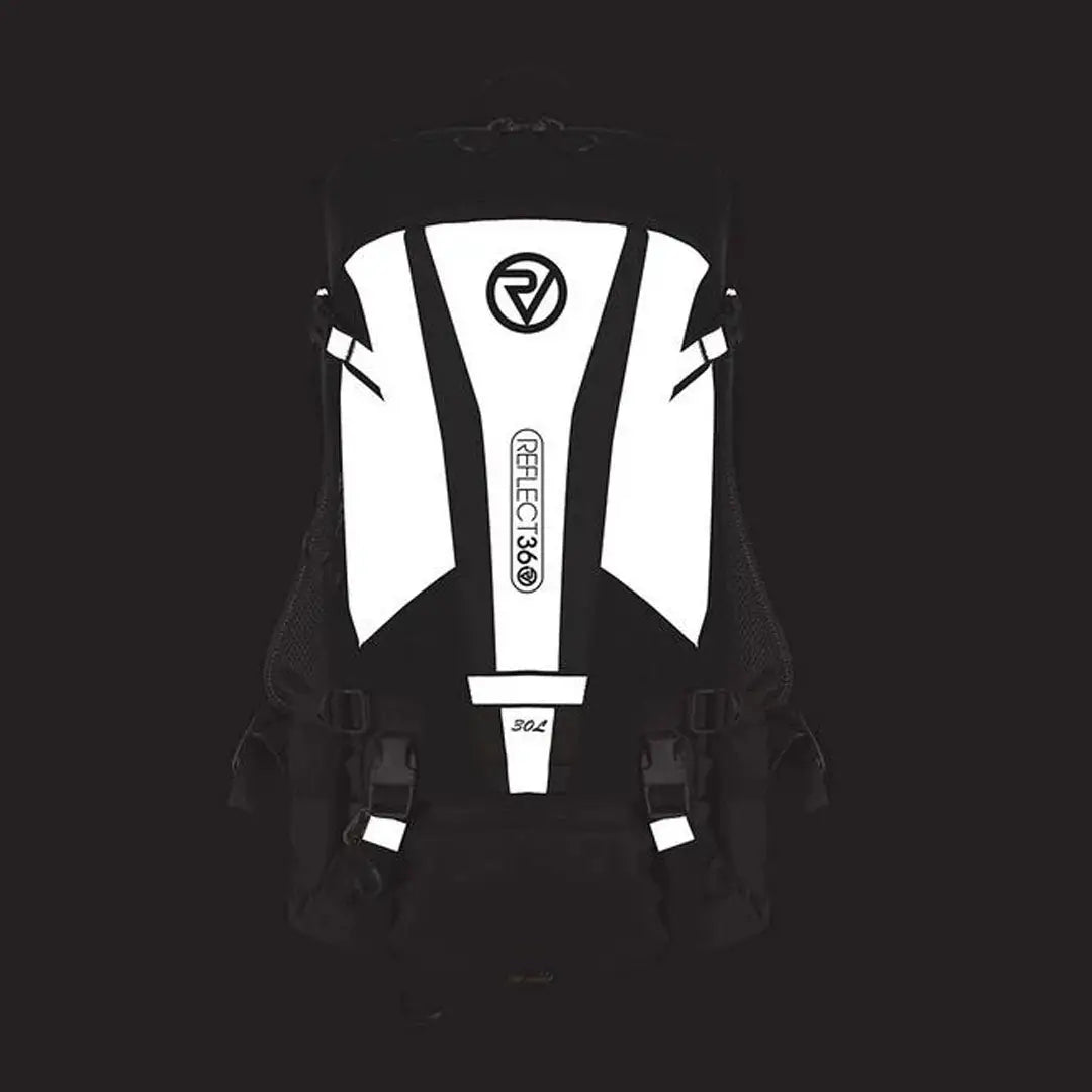 Black and white Reflect360 Explorer Backpack with bold stripes and Reflect360 logo