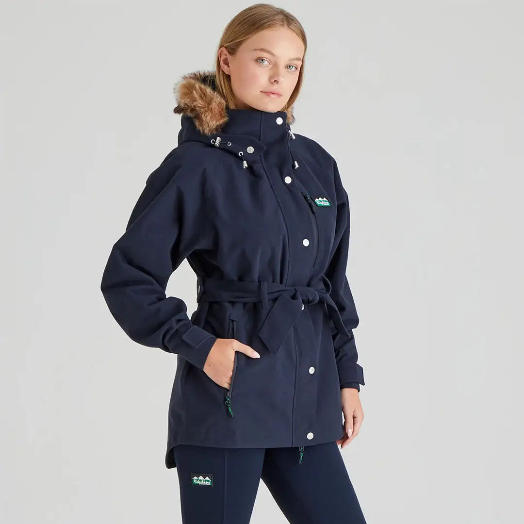 Navy belted winter coat with fur trim hood, Ridgeline Ladies Monsoon Nordic Jacket