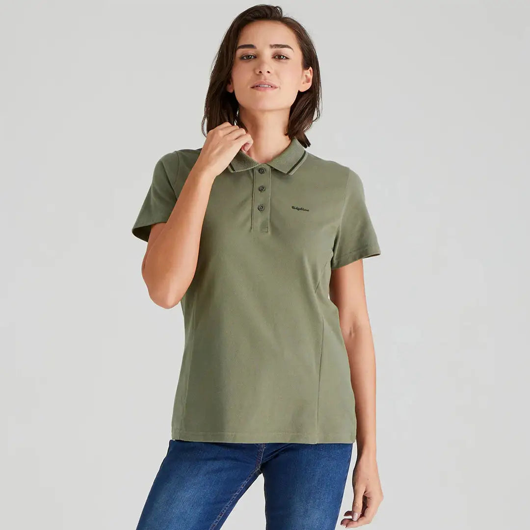 Olive green Ridgeline Womens Kilworth Polo Shirt on model, stylish polo shirt look