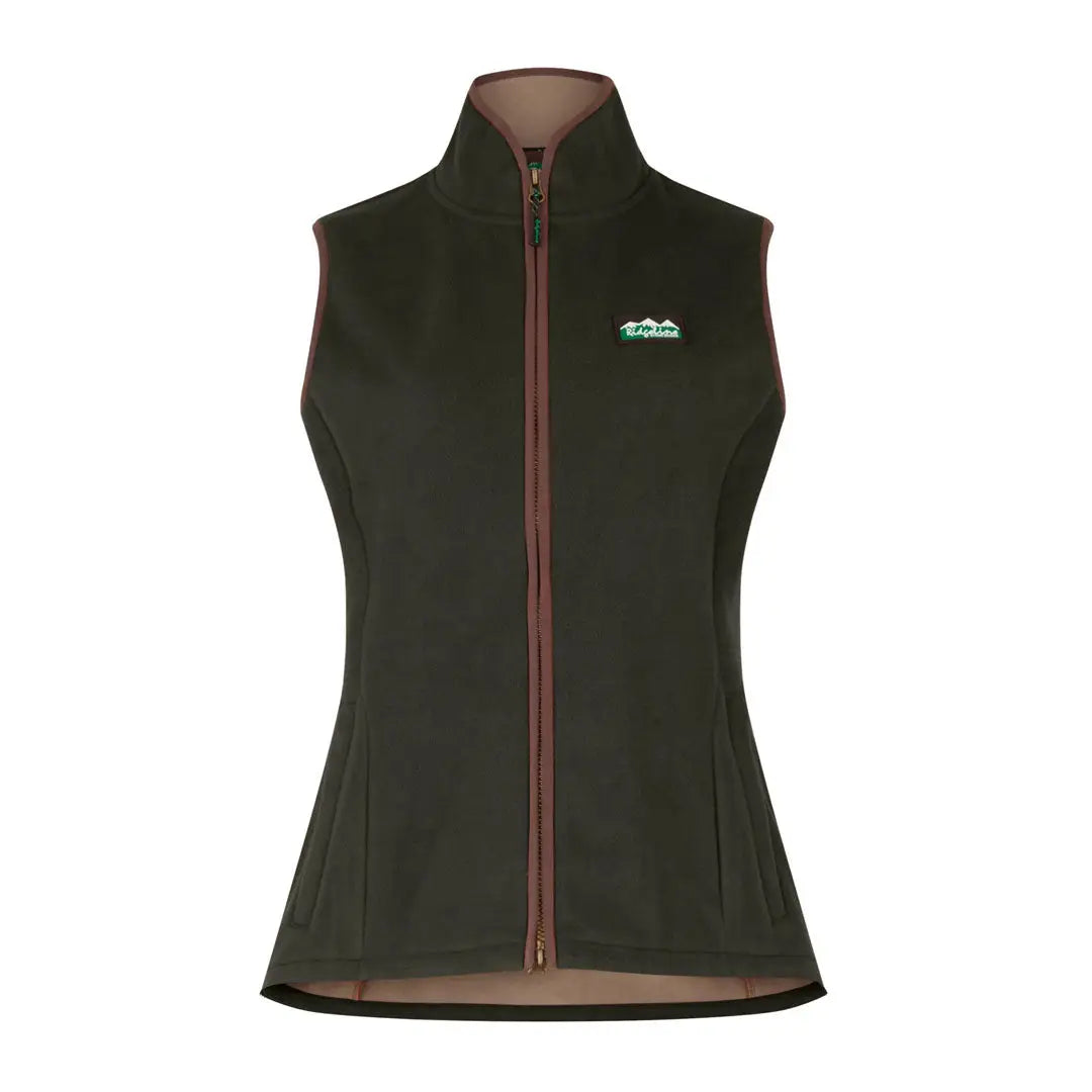 Dark green women’s Ridgeline Kodiak Gilet with brown trim, perfect for country clothing and hunting