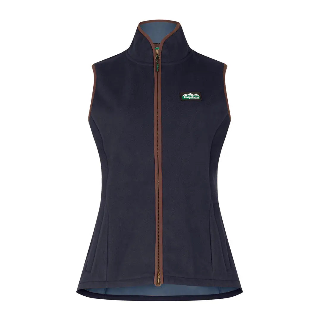 Navy blue women’s Ridgeline Kodiak Gilet with brown trim, perfect for country clothing and hunting