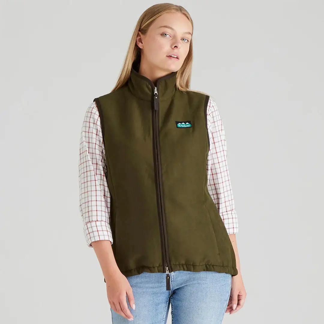 Olive green Ridgeline Womens Monarch Gilet displayed outdoor style and comfort