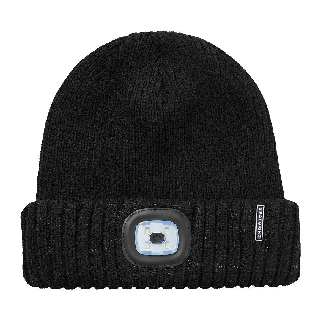 Black knitted beanie with LED roll cuff and headlamp for cold weather adventures