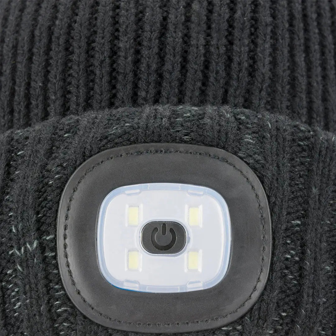 Dark gray knitted beanie with LED roll cuff and headlamp for cold weather adventures